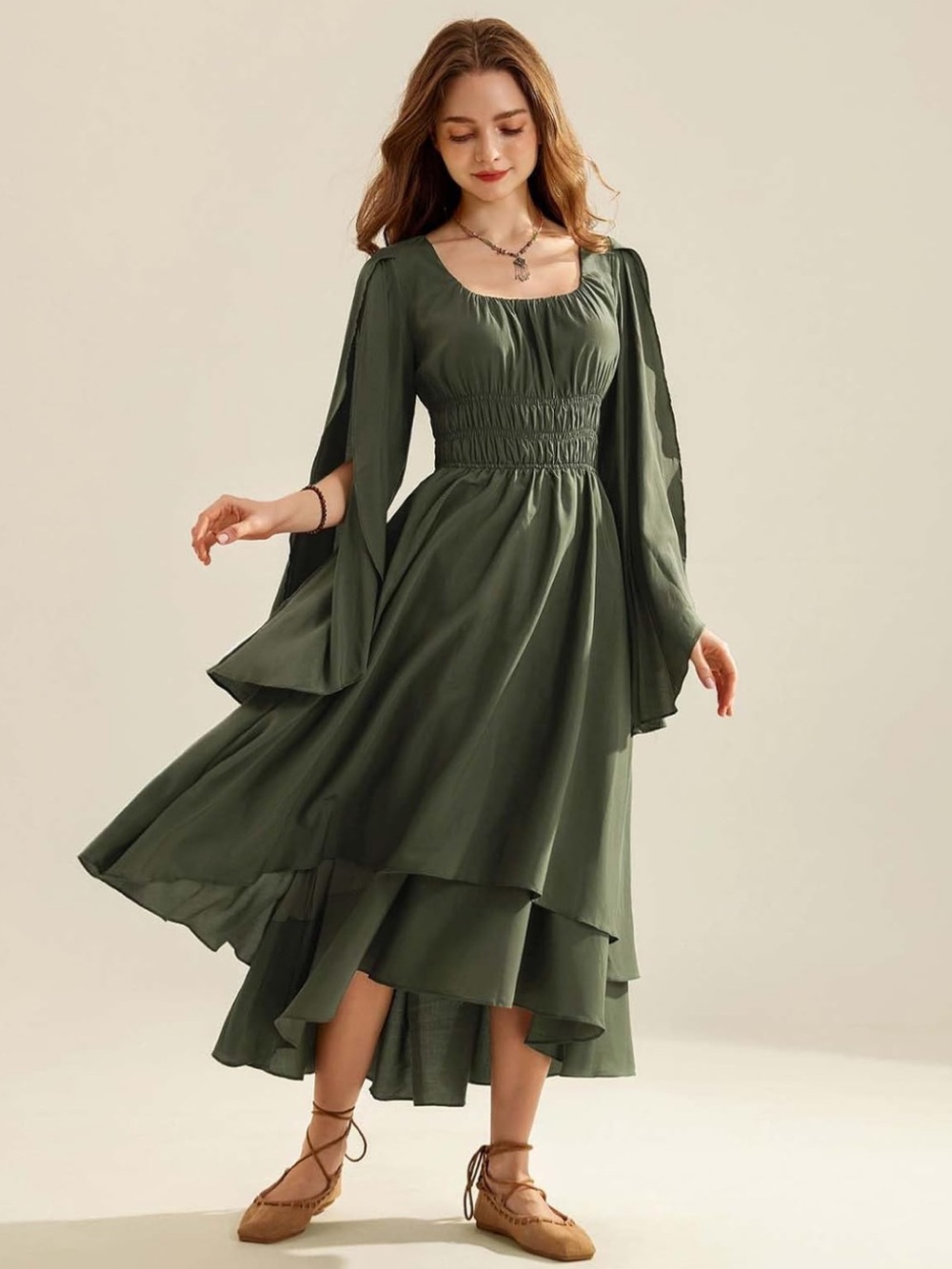 Flowy Olive Green Maxi Dress with Smocked Waist